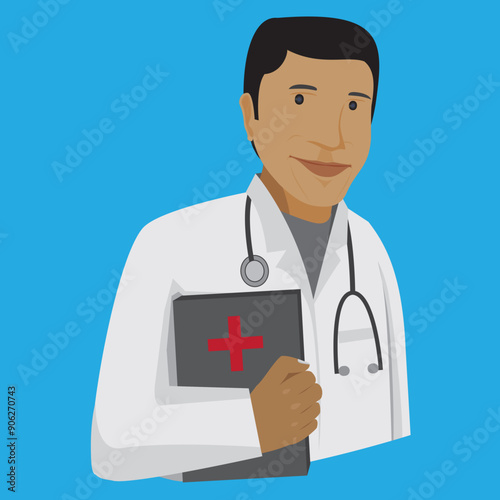 icon of a male doctor carrying files with a stethoscope around his neck on a blue background