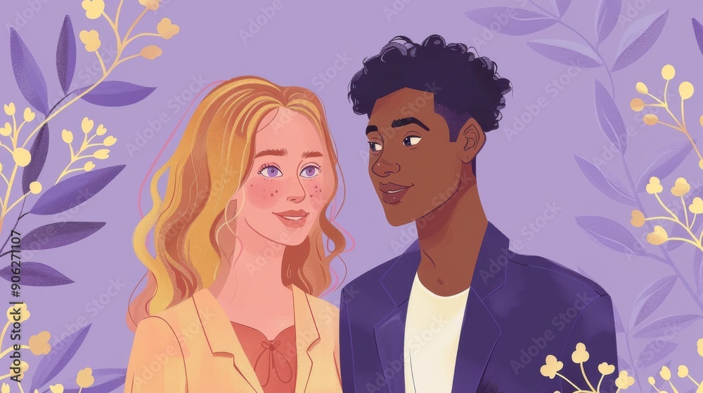 Chinese minimalism illustration, portrait of a Hispanic and African-American couple, woman with medium-length wavy golden blonde hair, wearing a blouse; man with short, curly black hair Chinese minimalism illustration, portrait of a Hispanic and African-American couple, woman with medium-length wavy golden blonde hair, wearing a blouse; man with short, curly black hair