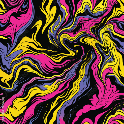 An energetic abstract pattern with bright pink, yellow, purple, and black, flowing in a swirling wave-like design. Vibrant and visually striking