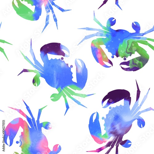 Hand Painting Abstract Digital Watercolor Tie Dye Batik Crabs Sea Creatures Repeating Seamless Pattern Isolated Background photo