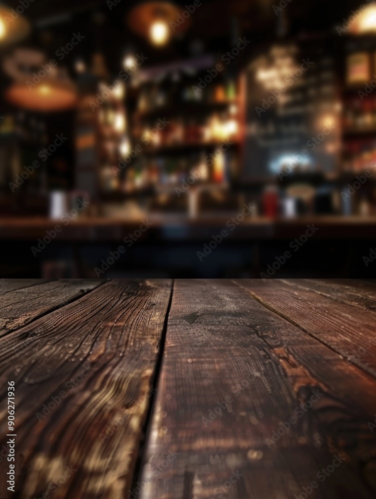 Wooden table with blurred bar