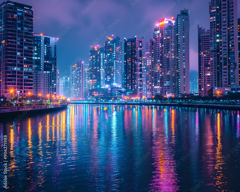 Mesmerizing Nightscape of Towering Skyscrapers and Vibrant Lights Reflecting on the River Mesmerizing Nightscape of Towering Skyscrapers and Vibrant Lights Reflecting on the River