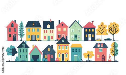 Colorful cartoon suburban houses, trees, car depicted. Residential neighborhood various architectural styles, flat design. Quaint community, cozy homes, autumn ambiance, serene suburb