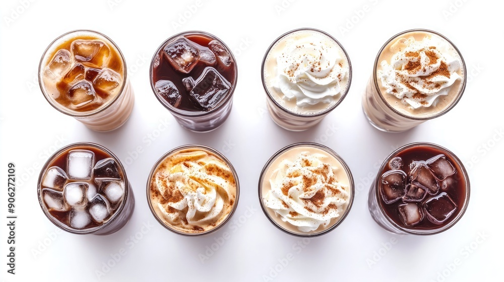 A variety of refreshing cold coffee drinks with ice cubes and whipped cream, top view isolated on white A variety of refreshing cold coffee drinks with ice cubes and whipped cream, top view isolated on white