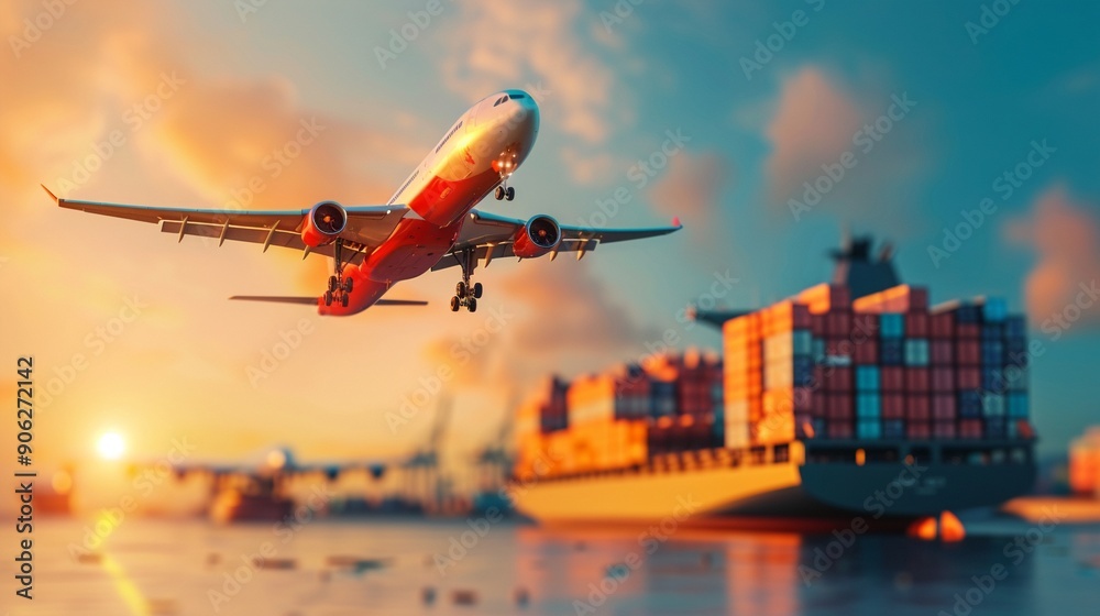 Fototapeta premium Sea transport ships unloading goods next to jet planes, bustling import activity, detailed photorealistic scene, vibrant and dynamic global trade 8K , high-resolution, ultra HD,up32K HD