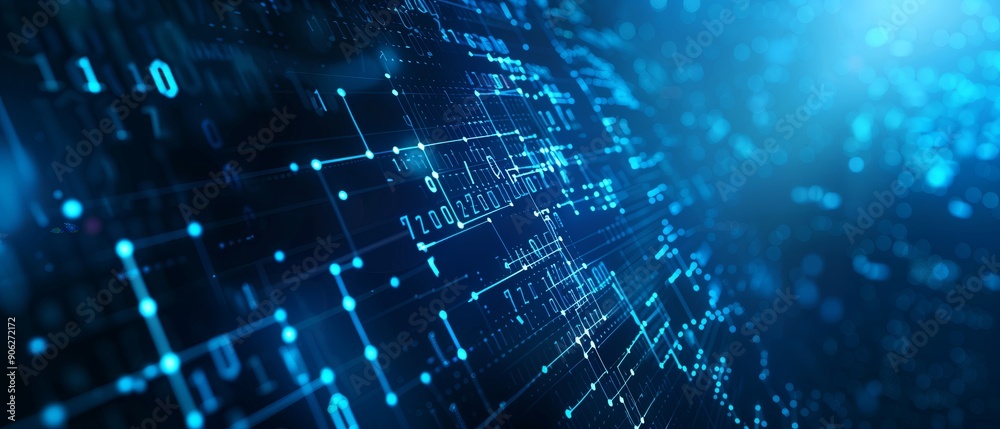 A blue background with a series of numbers and dots. Digital security background. Hologram digital security A blue background with a series of numbers and dots. Digital security background. Hologram digital security