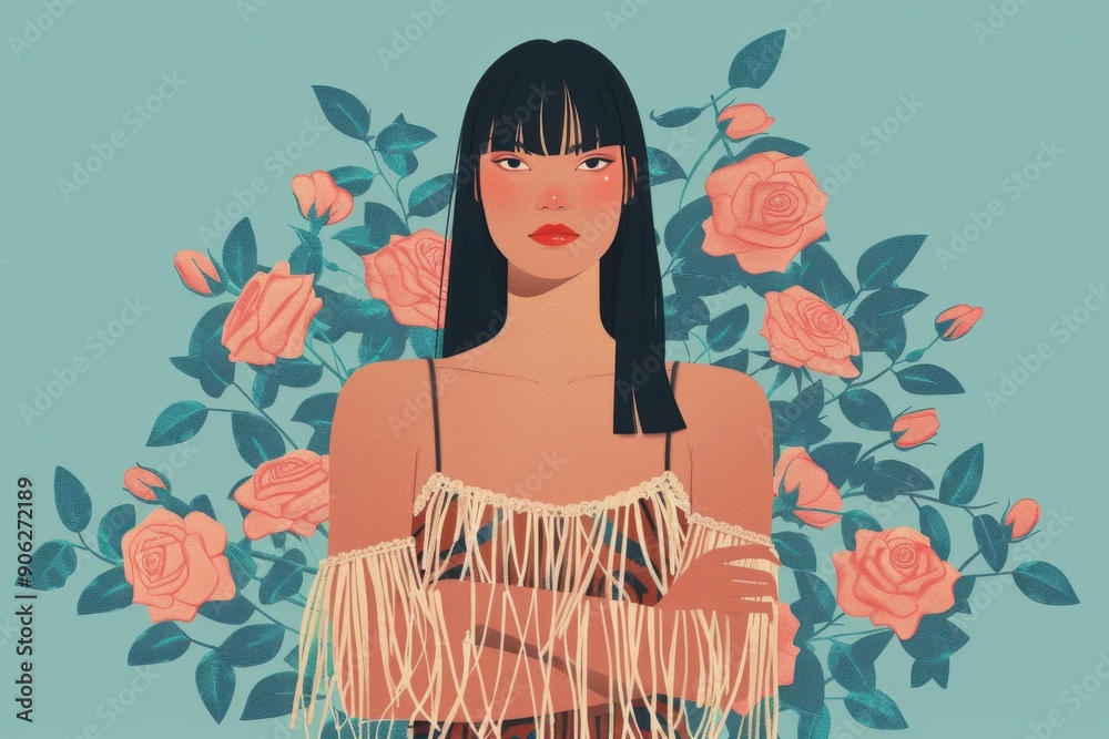 Chinese minimalism illustration, portrait of a Hispanic woman with straight black hair wearing a fringed boho top, with her arms folded in front, rose vines behind, flat illustration Chinese minimalism illustration, portrait of a Hispanic woman with straight black hair wearing a fringed boho top, with her arms folded in front, rose vines behind, flat illustration