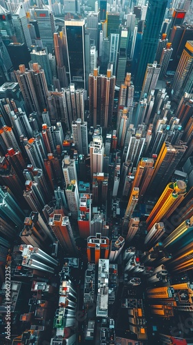 Aerial View of a Densely Populated Urban Metropolis with Towering Skyscrapers and Bustling Streets