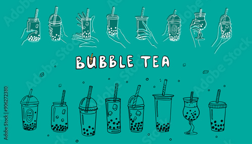Set of hand drawn bubble tea theme elements in doodle style. Boba milk tea, pearl milk tea and yummy drinks banner. Tea with tapioca splashing liquid. Cute vector illustration