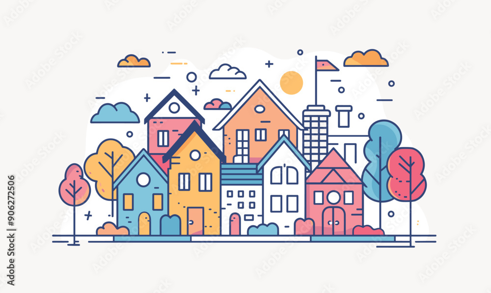Colorful suburban landscape various houses trees under sunny sky. Residential area modern traditional architecture illustrated vibrant hues. Abstract cityscape scene flat design style, isolated Colorful suburban landscape various houses trees under sunny sky. Residential area modern traditional architecture illustrated vibrant hues. Abstract cityscape scene flat design style, isolated