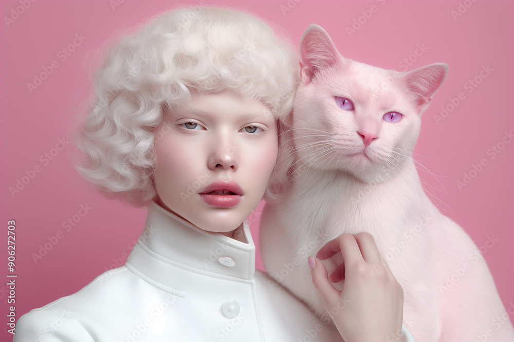 A pale-skinned fashion model with platinum blonde hair poses with a matching pale pink cat against a pastel pink background. The striking combination of monochrome tones and soft textures. A pale-skinned fashion model with platinum blonde hair poses with a matching pale pink cat against a pastel pink background. The striking combination of monochrome tones and soft textures.