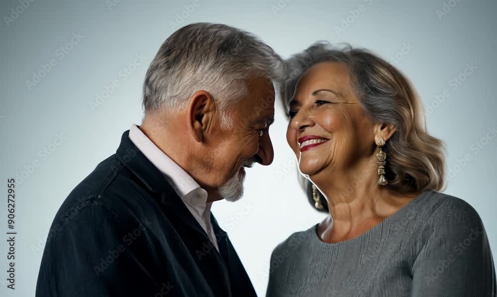 Portrait of happy senior couple looking at each other on gray background Portrait of happy senior couple looking at each other on gray background