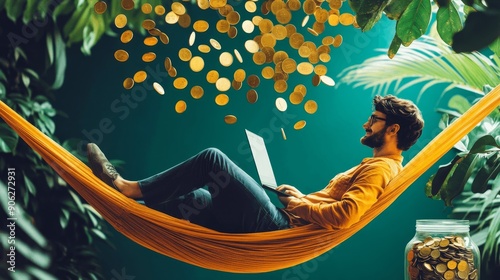 Man lying on hammock with laptop as coins rain down around him symbolizing passive income and digital nomad lifestyle