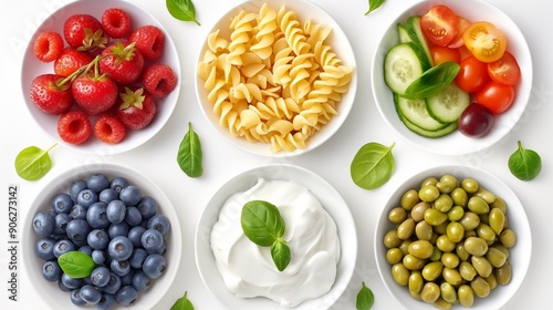 A variety of fruits and vegetables are displayed in white bowls, including blueberries, raspberries, tomatoes, cucumbers, and green beans. The bowls are arranged in a visually appealing manner