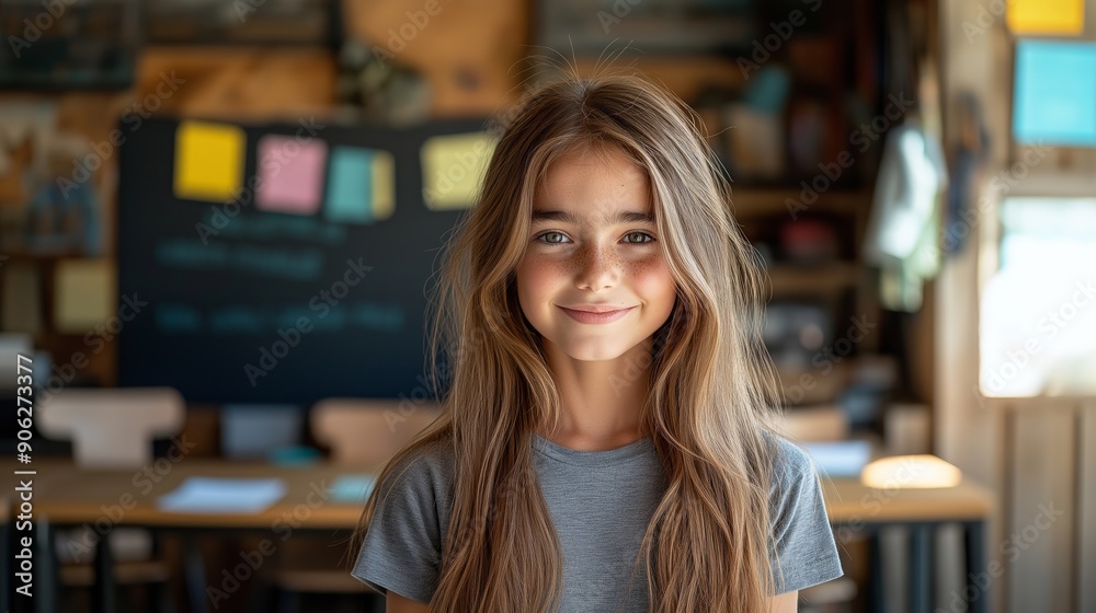 Smiling Girl in Classroom, Bright and Educational, Perfect for Learning and School Themes Smiling Girl in Classroom, Bright and Educational, Perfect for Learning and School Themes