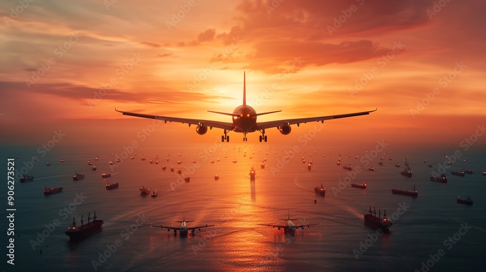 Airplanes flying over international waters filled with vessels, symbolizing global travel and trade, photorealistic, vibrant and dynamic, connectivity 8K , high-resolution, ultra HD,up32K HD