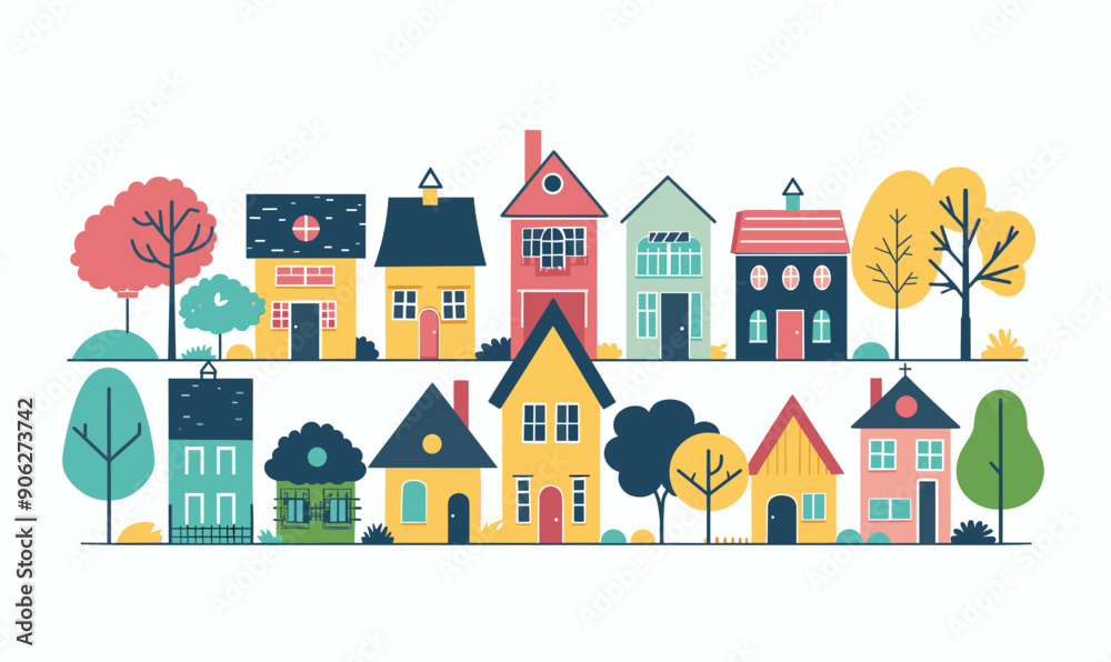 Colorful houses diverse architecture styles sizes trees. Quaint suburban neighborhood scene, vector illustration. Quirky townhouses illustration