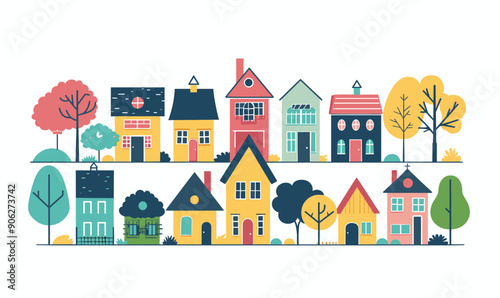 Obraz na płótnie Colorful houses diverse architecture styles sizes trees. Quaint suburban neighborhood scene, vector illustration. Quirky townhouses illustration w salonie