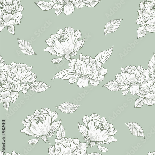 Hand Drawn Peony Flower and Leaves Seamless Pattern