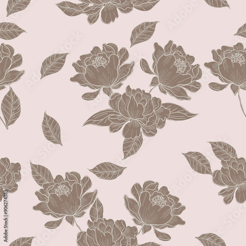 Hand Drawn Peony Flower and Leaves Seamless Pattern