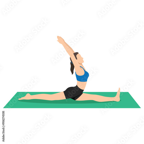 Woman doing Splits Pose, Front splits pose, Monkey Pose or Hanumanasana. Flat vector illustration isolated on white background