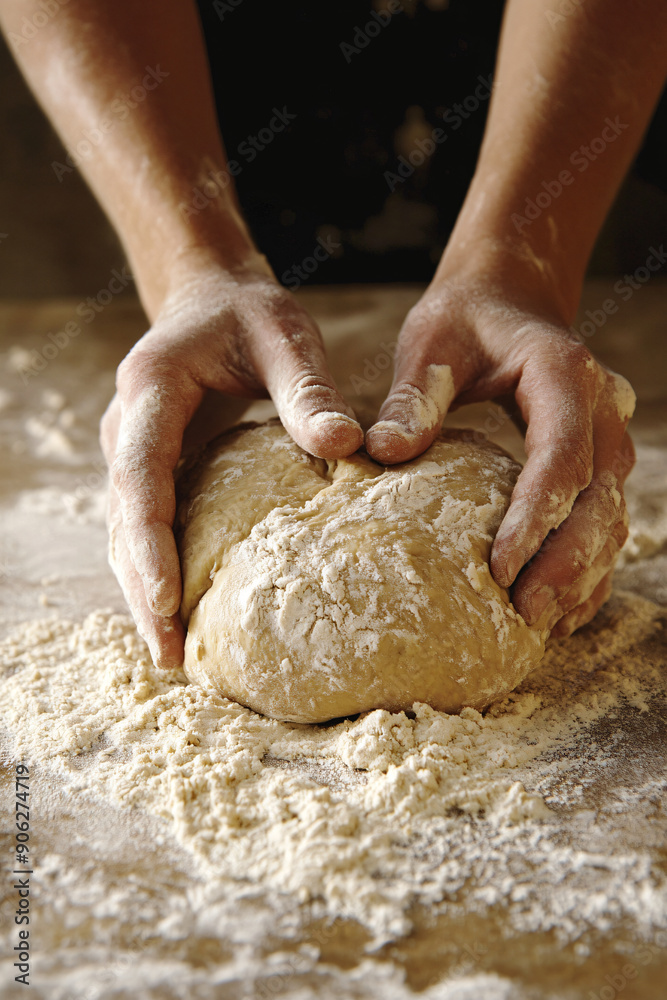 Hands kneading dough for homemade bread on a flour-dusted surface. Highlight the process and anticipation of baking. Hands kneading dough for homemade bread on a flour-dusted surface. Highlight the process and anticipation of baking.