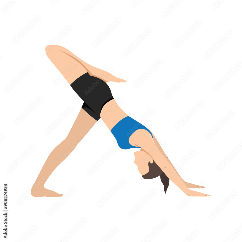 Woman doing Three Legged Downward Facing Dog Pose Variation or Tri Pada Adho Mukha Svanasana Variation Stacked. Flat vector illustration isolated on white background Woman doing Three Legged Downward Facing Dog Pose Variation or Tri Pada Adho Mukha Svanasana Variation Stacked. Flat vector illustration isolated on white background