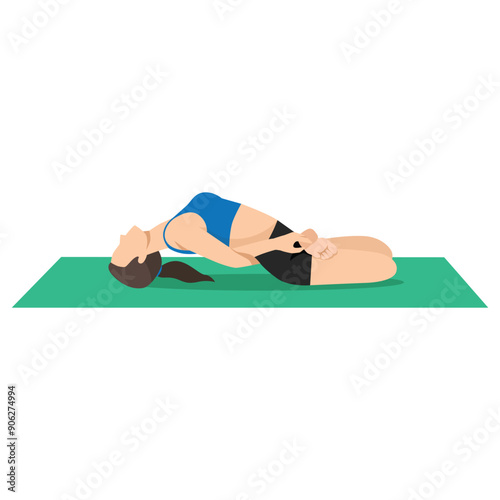 Woman doing Reclined Bound Lotus Pose or Supta Baddha Padmasana yoga exercise. Flat vector illustration isolated on white background