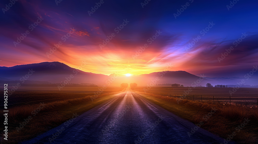 Fototapeta premium A road with a sunset in the background. The sky is a mix of blue and orange. The sun is setting behind the mountains