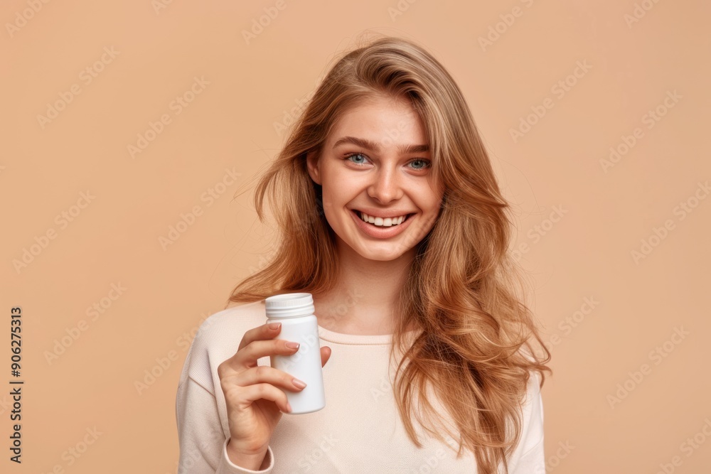 Smiling young woman holding a bottle of vitamins to nourish her body for good health.