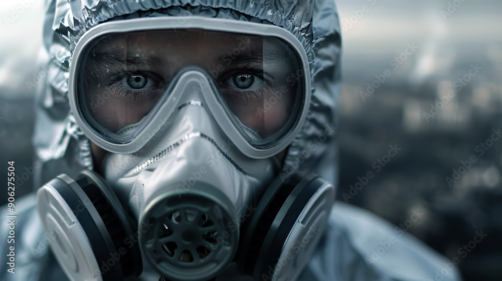 A man in a hazmat suit with a gas mask on his face. The man is wearing a white suit and has a serious look on his face A man in a hazmat suit with a gas mask on his face. The man is wearing a white suit and has a serious look on his face