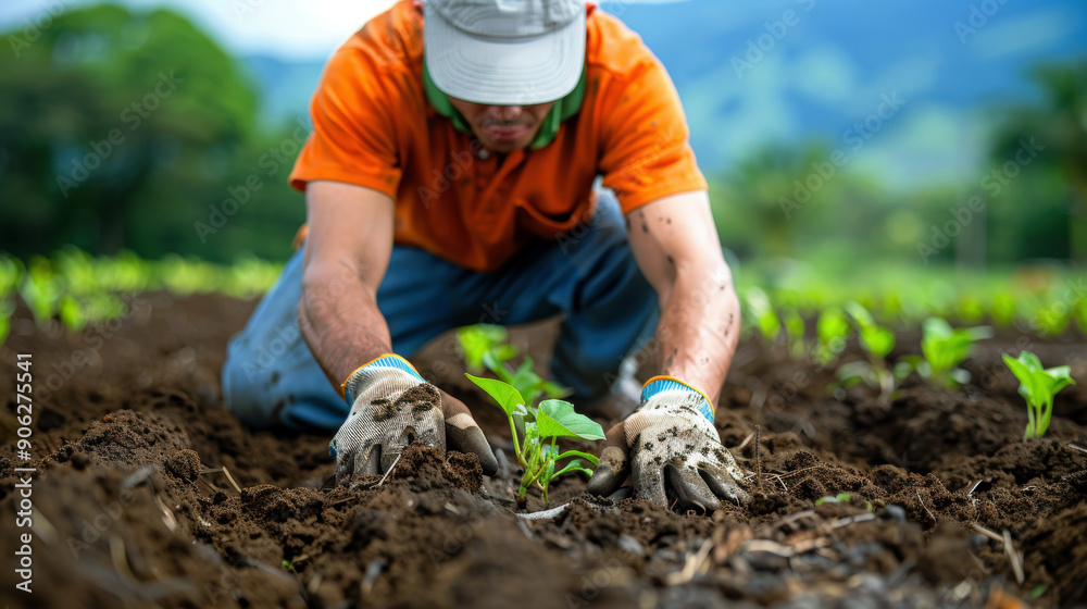 Naklejka premium A man in an orange shirt is planting a seed in the dirt. Concept of hard work and dedication to the task at hand