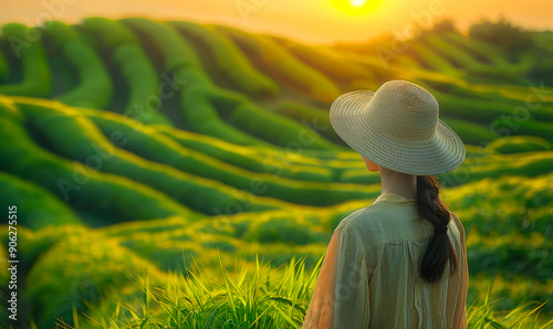 Serene Sunset Over Emerald Green Rice Terraces, Contemplative Young Woman in Sun Hat Admiring Tranquil Beauty of Nature's Vibrant Farmland Landscape photo