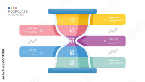 Hourglass Infographic 5 steps to success growth template. Business process. Vector illustration.