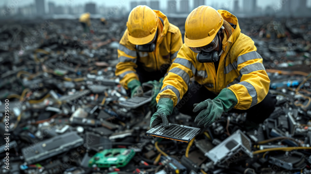 Two men in yellow jackets are looking at a laptop in a pile of trash. Scene is one of curiosity and exploration