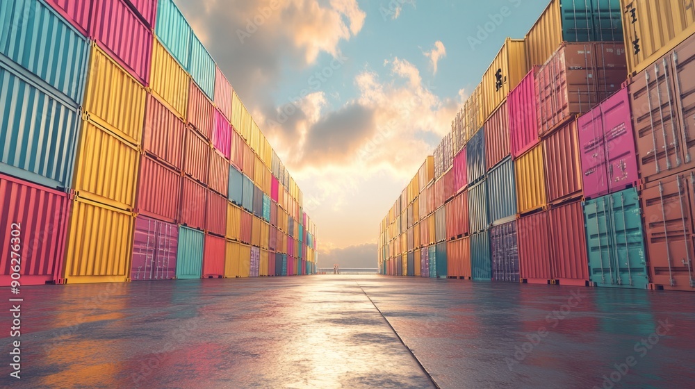 Fototapeta premium Colorful sea cargo containers stacked in dock area for transport and business at blue sky background