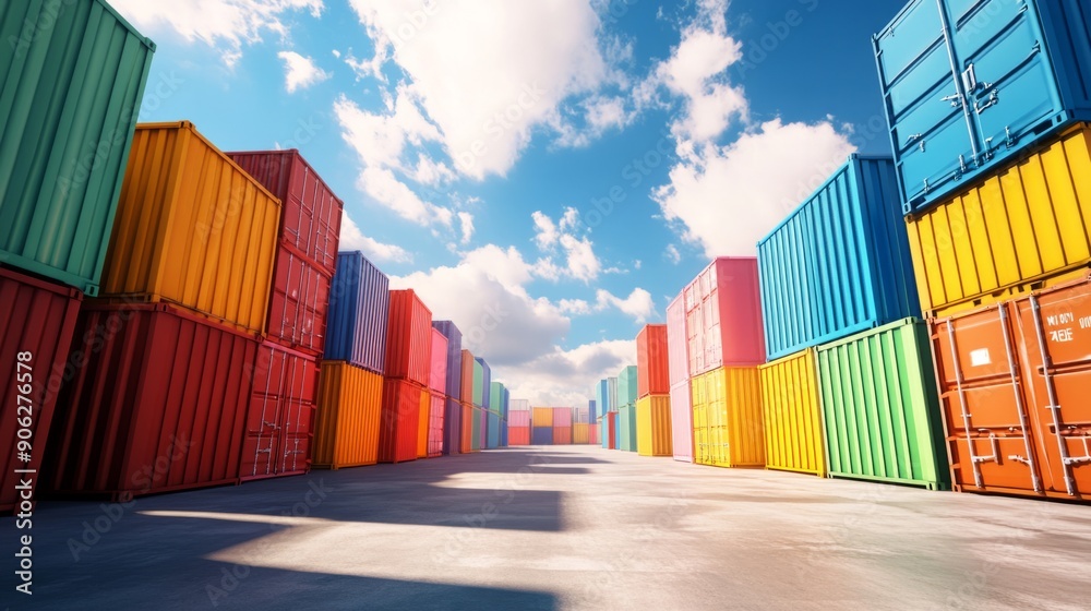 Fototapeta premium Colorful sea cargo containers stacked in dock area for transport and business at blue sky background