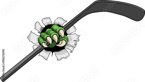 An ice hockey claw sports illustration of an eagle or animal monster hand holding a hockey stick