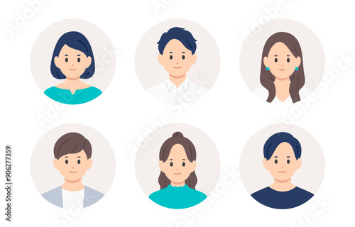 若い男女の顔アイコンセット【人物ベクターイラスト素材】