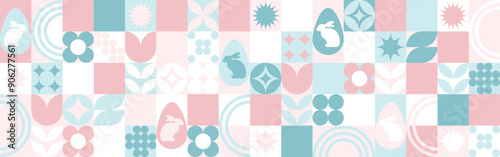 Seamless background with flowers for the spring holiday of Easter with a texture of circles and squares. Wallpaper mosaic with geometric shapes, pastel background with eggs and hares.