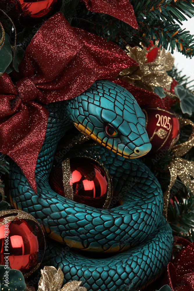 Fototapeta premium New Year tree decorated with New Year decorations and the symbol of 2025 - a snake.