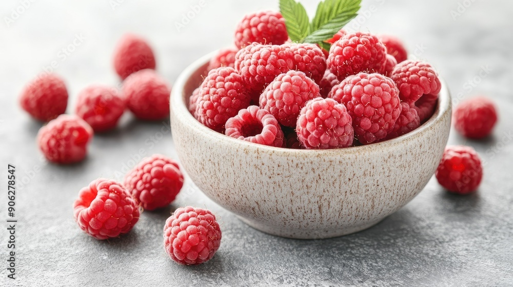 Beautiful arrangement of fresh raspberries in a bowl, with some berries on the table, emphasizing their freshness Beautiful arrangement of fresh raspberries in a bowl, with some berries on the table, emphasizing their freshness