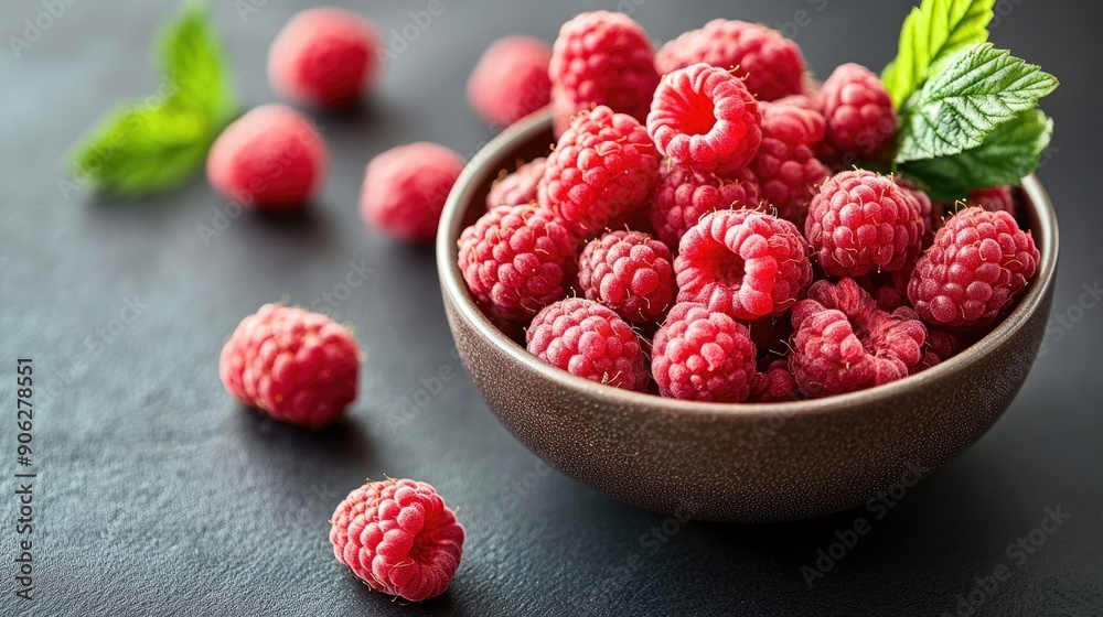 Beautiful arrangement of fresh raspberries in a bowl, with some berries on the table, emphasizing their freshness