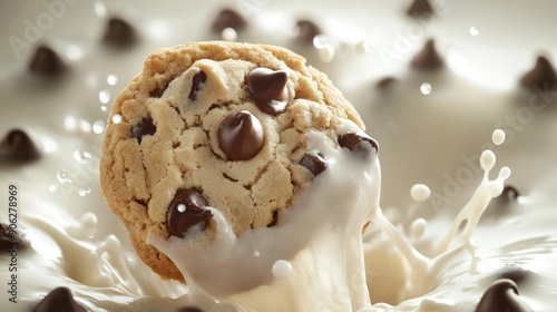 Close-up of a chocolate chip cookie being dipped into a glass of milk, with creamy milk splashing around