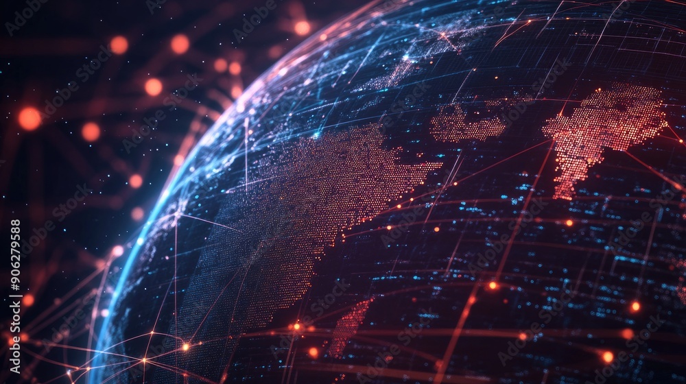 Digital globe with a network grid, showcasing global connectivity and technological advancements