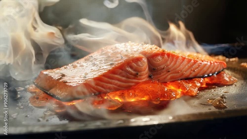 Sizzling steak, salmon, and shrimp dance on fiery grill, a gourmet feast for healthy appetites photo