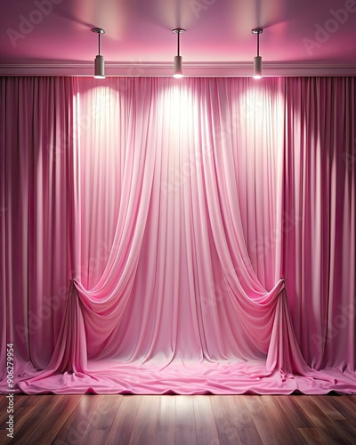 Pink velvet curtains under elegant stage lighting.
