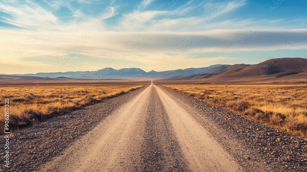 Lonely gravel road disappearing into the horizon, surrounded by a vast, barren landscape Lonely gravel road disappearing into the horizon, surrounded by a vast, barren landscape
