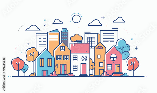Colorful urban skyline various buildings trees. Skyline features mixture traditional houses modern skyscrapers under blue sky. Stylized cityscape pastel color palette, flat graphic style