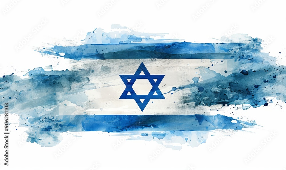 Abstract watercolor paint splashes flag of Israel, brushed grunge flag concept Abstract watercolor paint splashes flag of Israel, brushed grunge flag concept